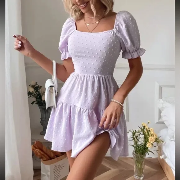 SHEIN Swiss dot tie back puff sleeve ruffle hem dress - Picture 6 of 7